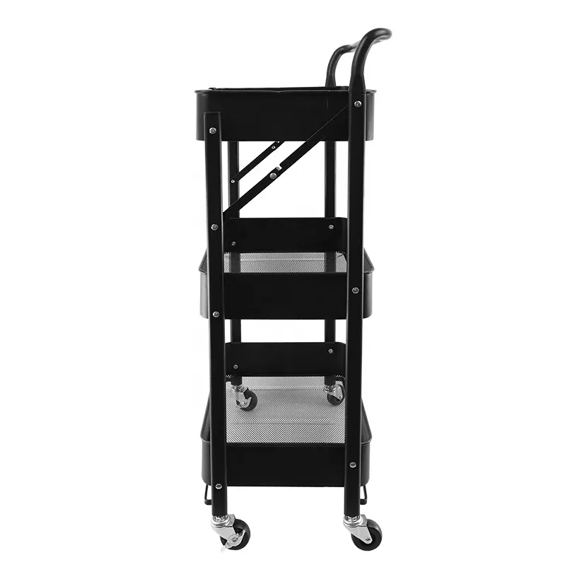 Black metal storage trolley cart 3 layers kitchen storage shelf organizer folded kitchen storage trolley