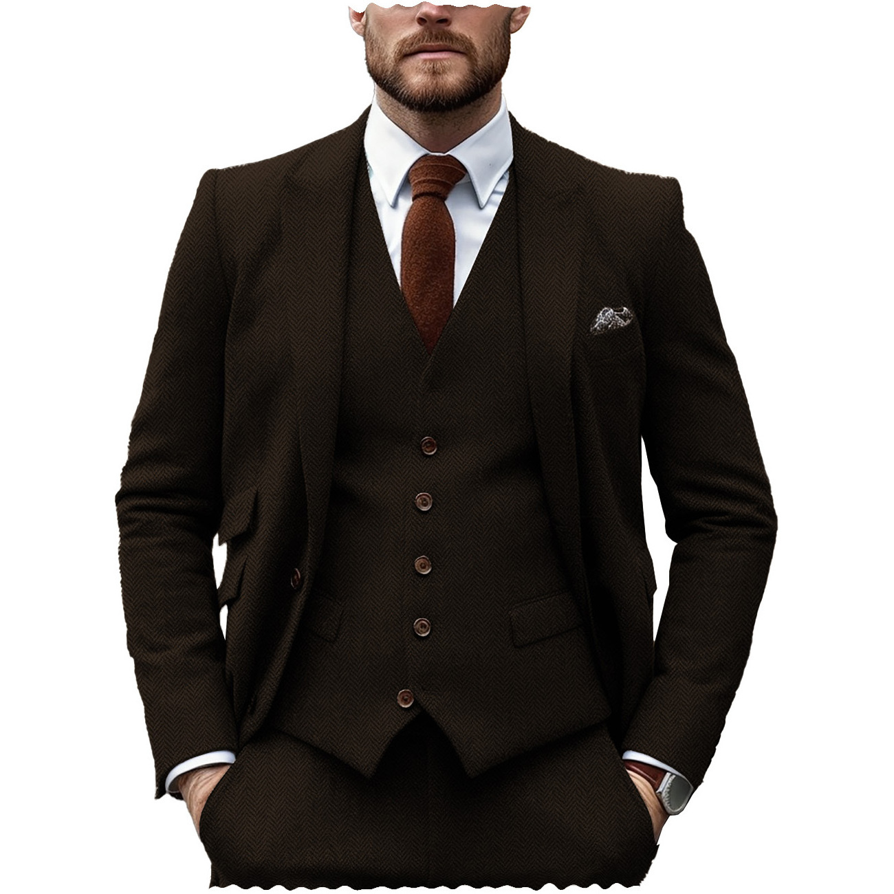 Formal Brown Men's Suits Regular Fit 3 Piece Tuxedos Herringbone Notch Lapel Blazer Vest Pants for Wedding Grooms