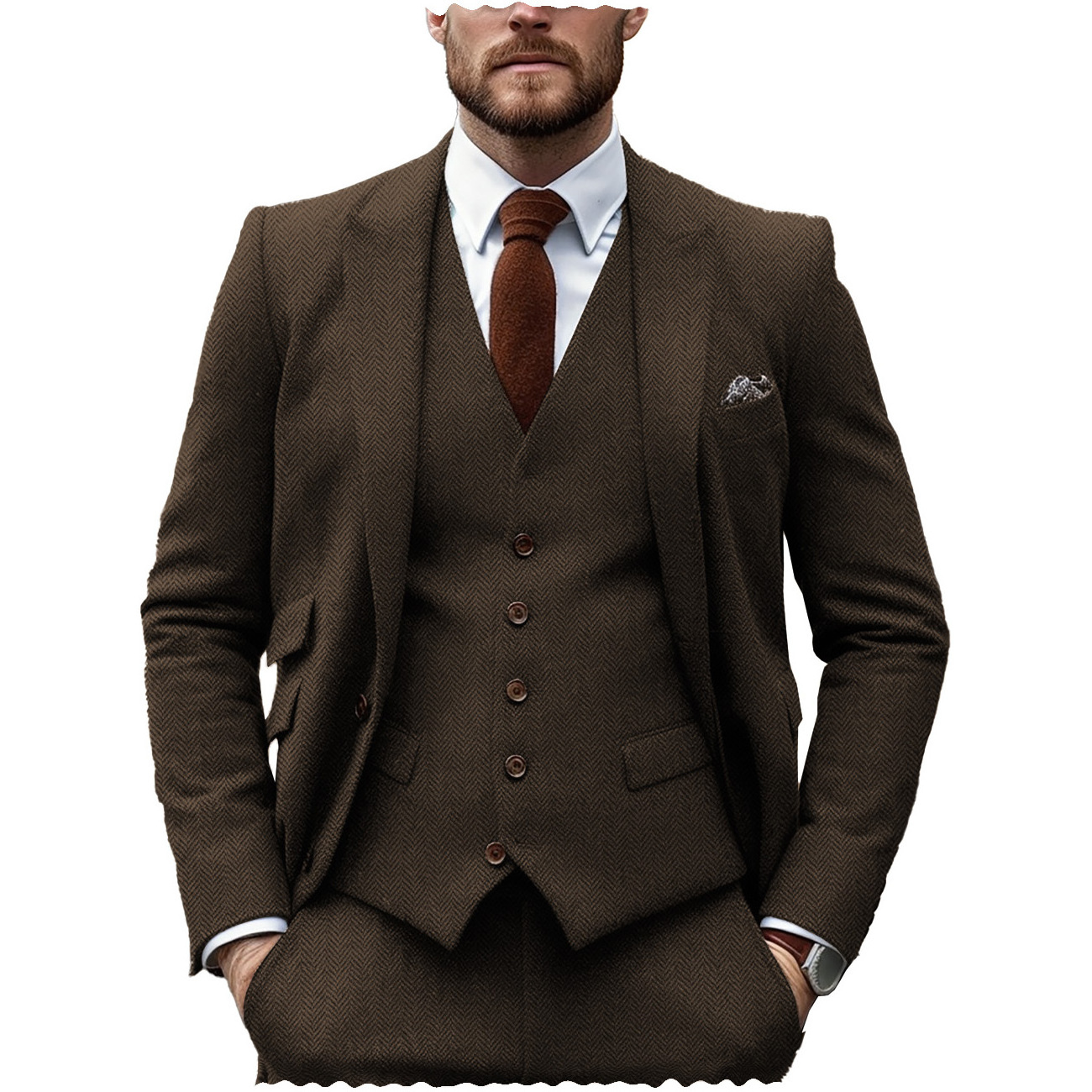 Formal Brown Men's Suits Regular Fit 3 Piece Tuxedos Herringbone Notch Lapel Blazer Vest Pants for Wedding Grooms