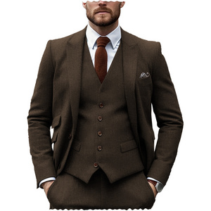 Formal Brown Men's Suits Regular Fit 3 Piece Tuxedos Herringbone Notch Lapel Blazer Vest Pants for Wedding Grooms