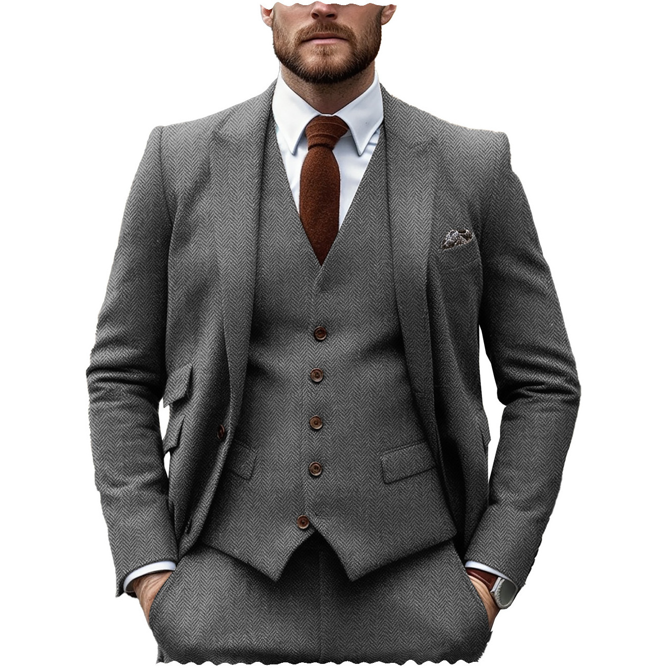 Formal Brown Men's Suits Regular Fit 3 Piece Tuxedos Herringbone Notch Lapel Blazer Vest Pants for Wedding Grooms