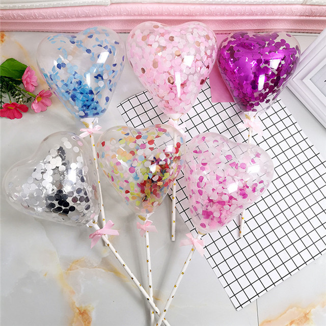 Transparent Heart-shaped Cake Decoration Confetti Balloon Happy Birthday Cake Topper