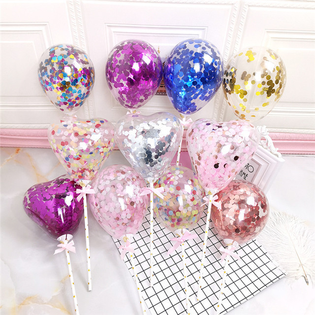 Transparent Heart-shaped Cake Decoration Confetti Balloon Happy Birthday Cake Topper