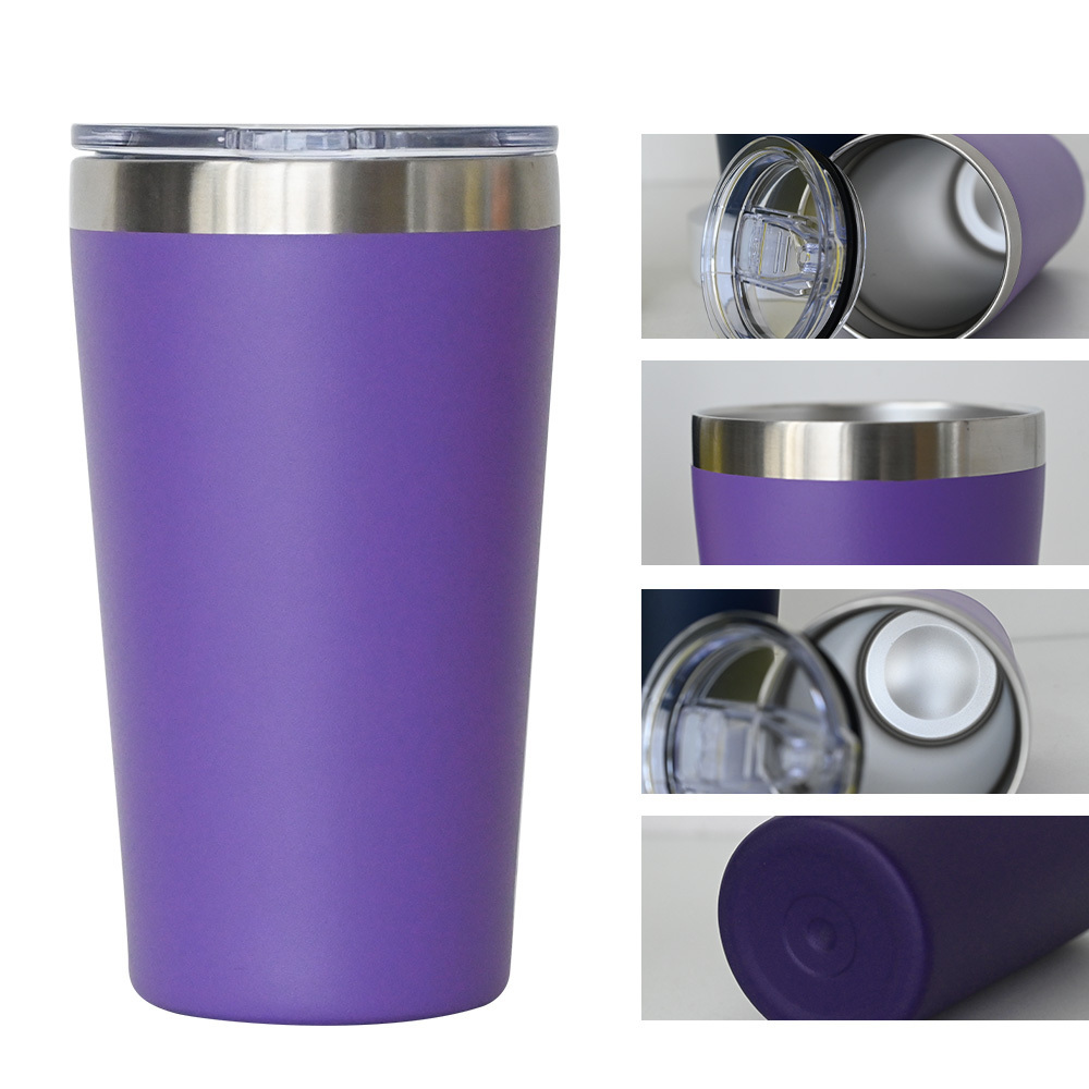 Custom 16oz 16 oz powder coated double wall insulated vacuum tumbler travel stainless steel coffee mug with plastic lid