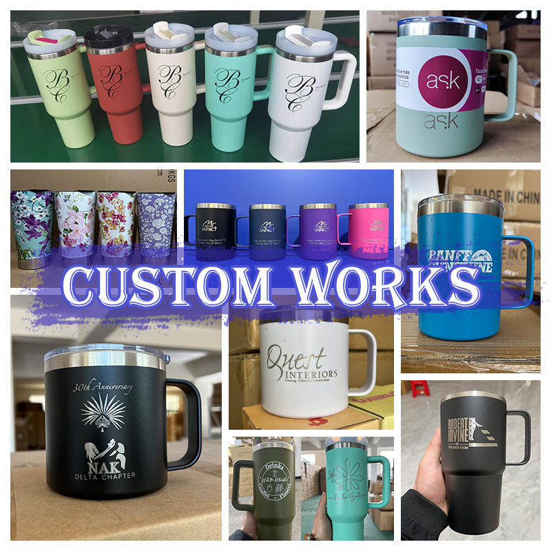 Custom logo 12oz stainless steel double wall insulated thermal camping travel coffee mug with handle