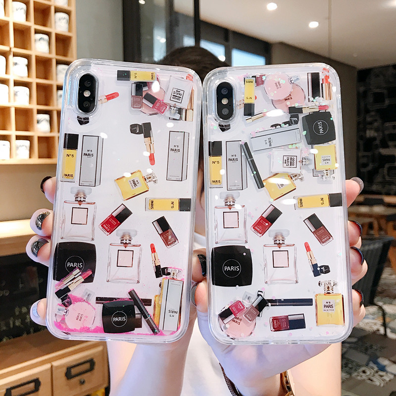 Floating matter Quicksand Case For iPhone 11 XS Max Lipstick Perfume Bottle Dynamic Glitter Liquid Case For 7 8 Plus11 pro Cover