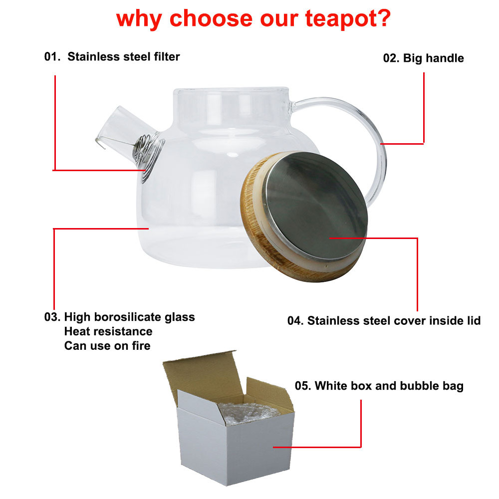 Factory hot sale teapot set glass teapots glass heat resistant teapot with bamboo lid