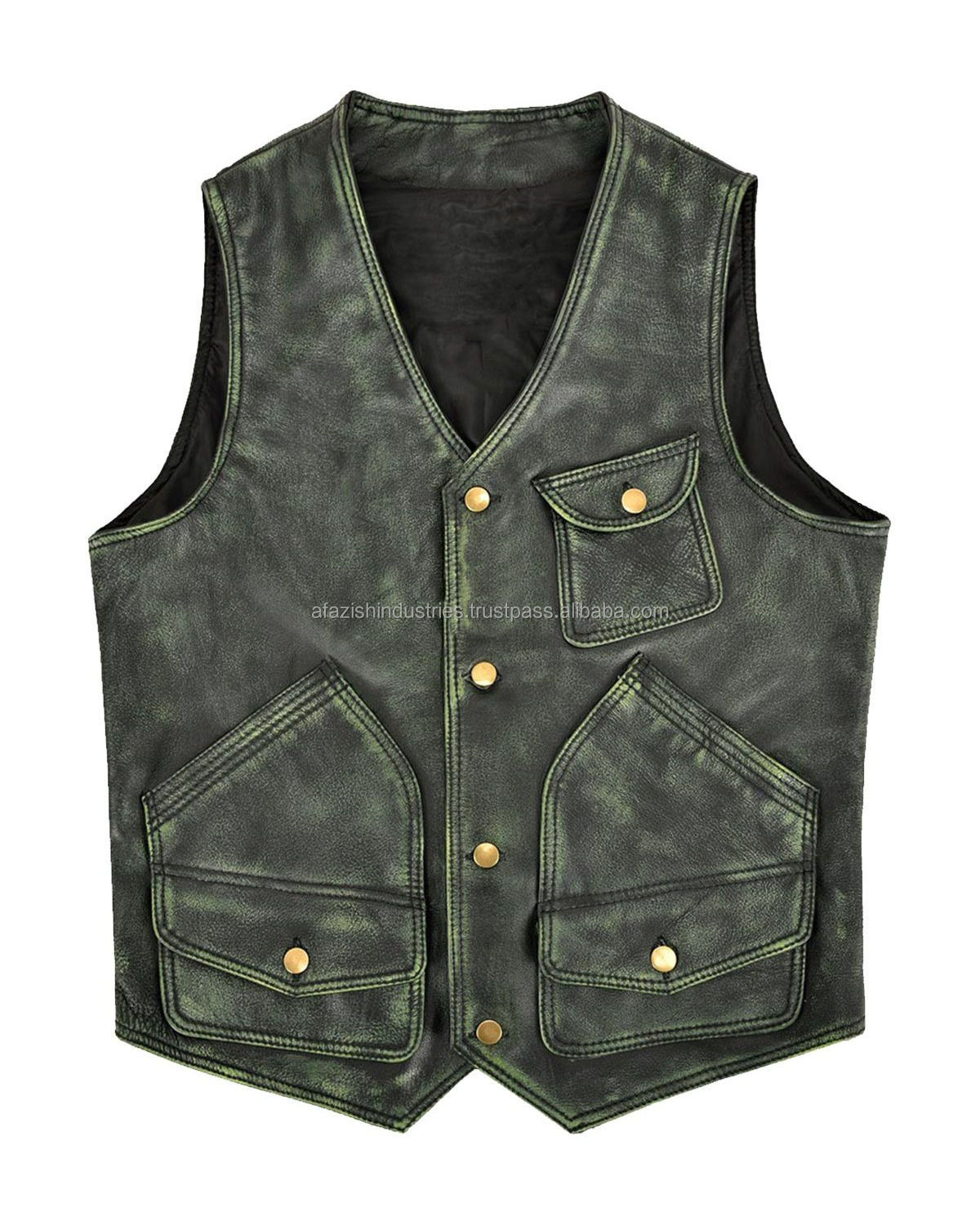 High Street Top Quality Customized Breathable Men's Distressed Green Leather Hunter Vests