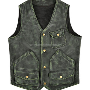 High Street Top Quality Customized Breathable Men's Distressed Green Leather Hunter Vests