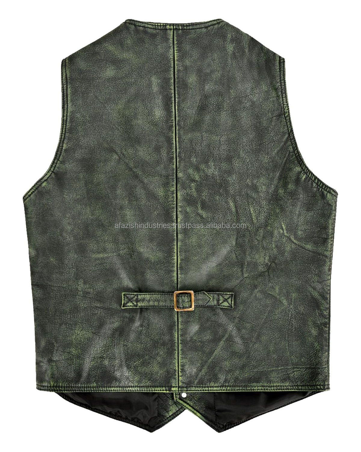 High Street Top Quality Customized Breathable Men's Distressed Green Leather Hunter Vests