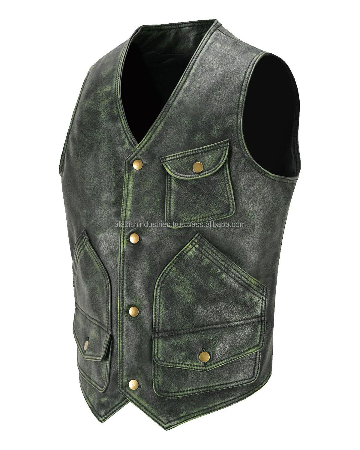 High Street Top Quality Customized Breathable Men's Distressed Green Leather Hunter Vests