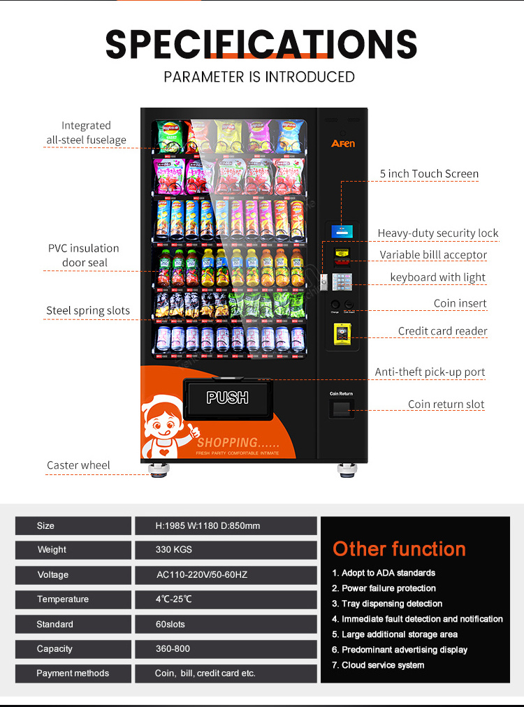 AFEN High-trch anti-fog front glass snack drinks combo vending machine for foods and soft drink automatic vendor