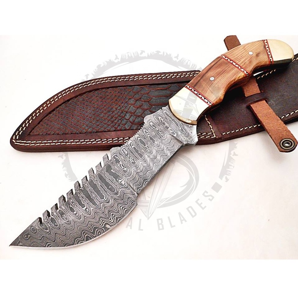 Fixed Blade Outdoor Duty Knife Damascus Steel Drop Blade With Non Slip Olive Wood Handle For Camping Survival Knife