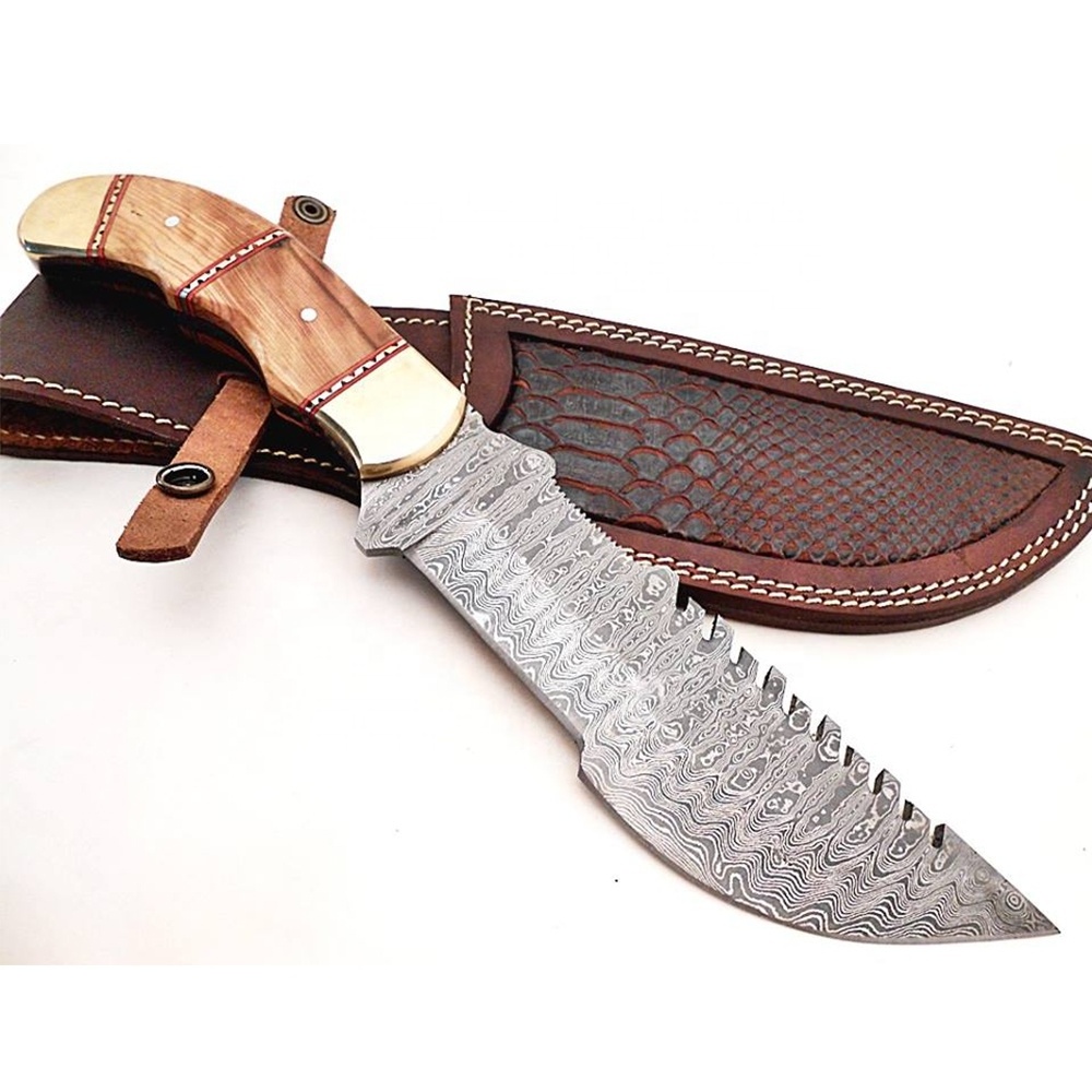 Fixed Blade Outdoor Duty Knife Damascus Steel Drop Blade With Non Slip Olive Wood Handle For Camping Survival Knife