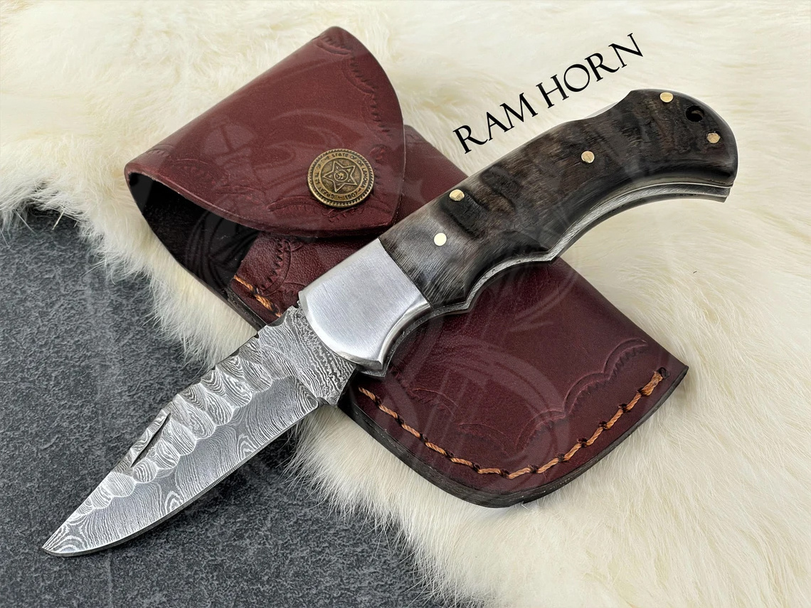 Hand-Forged Damascus Pocket Knife with Thickened Stainless Steel Blade and Ram Horn Handle Multi-Functional for Camping EDC