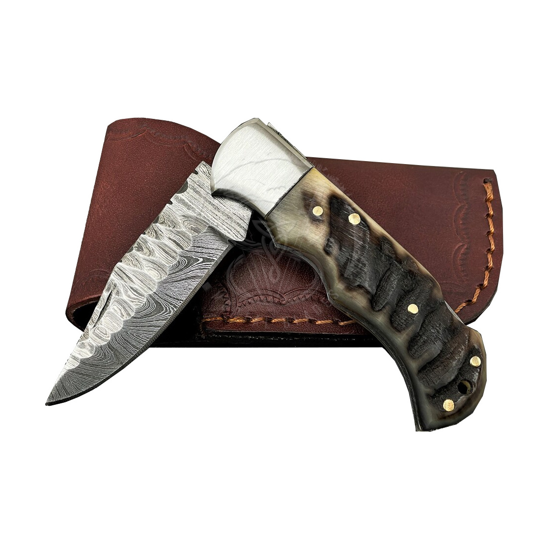 Hand-Forged Damascus Pocket Knife with Thickened Stainless Steel Blade and Ram Horn Handle Multi-Functional for Camping EDC