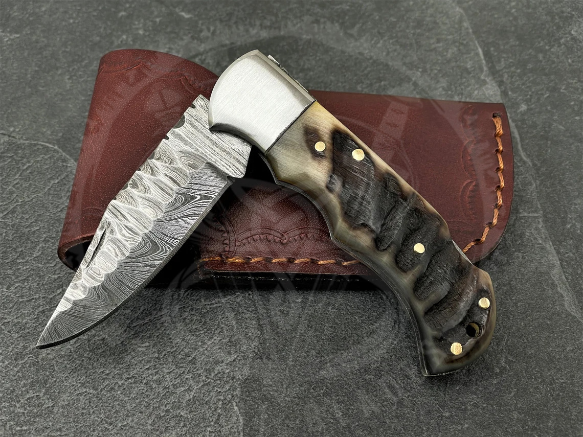 Hand-Forged Damascus Pocket Knife with Thickened Stainless Steel Blade and Ram Horn Handle Multi-Functional for Camping EDC