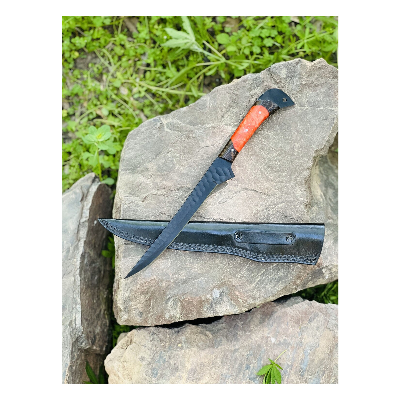 Multi-Purpose Outdoor Fishing Knife with Wengi Wood Handle and Protective Leather Sheath Kitchen Fish Fillet Knife