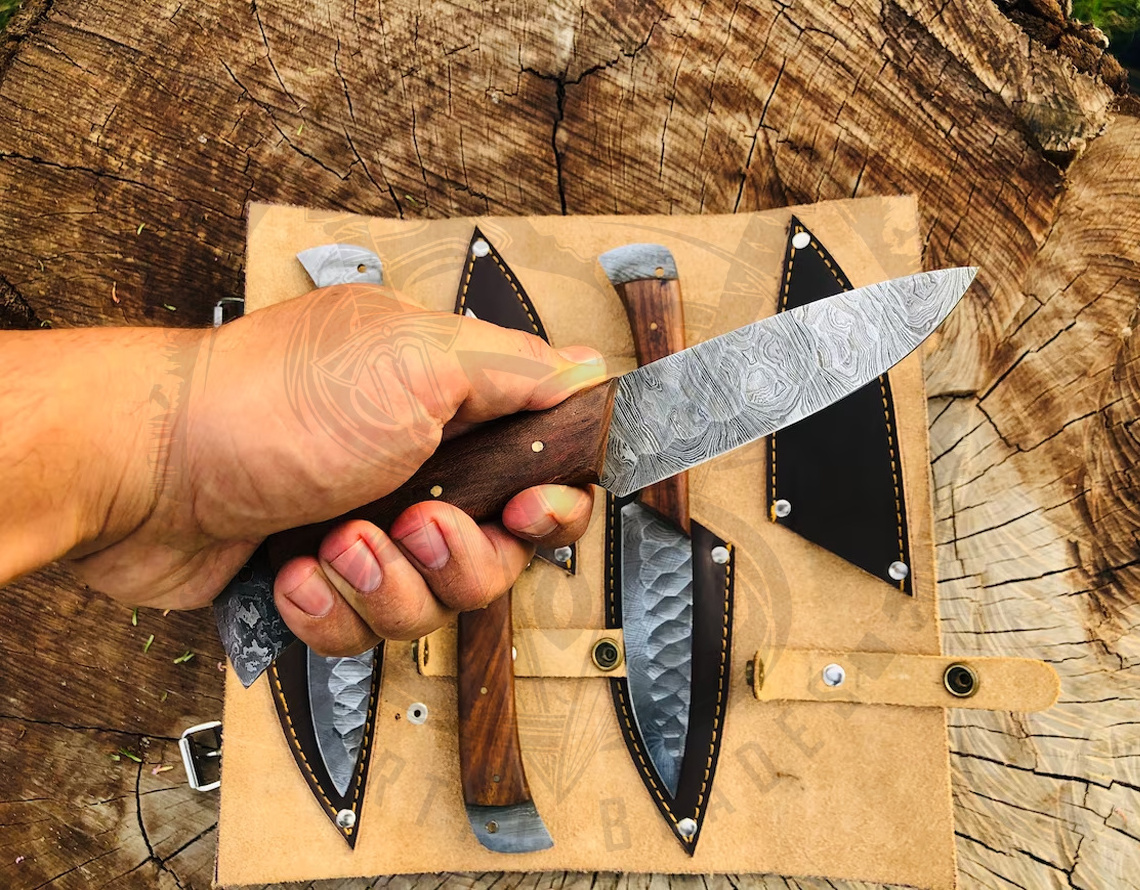 Hand Forged Steak Knives Damascus Stainless Steel Steak Knife Set Rose Wood Handle Steak Knives