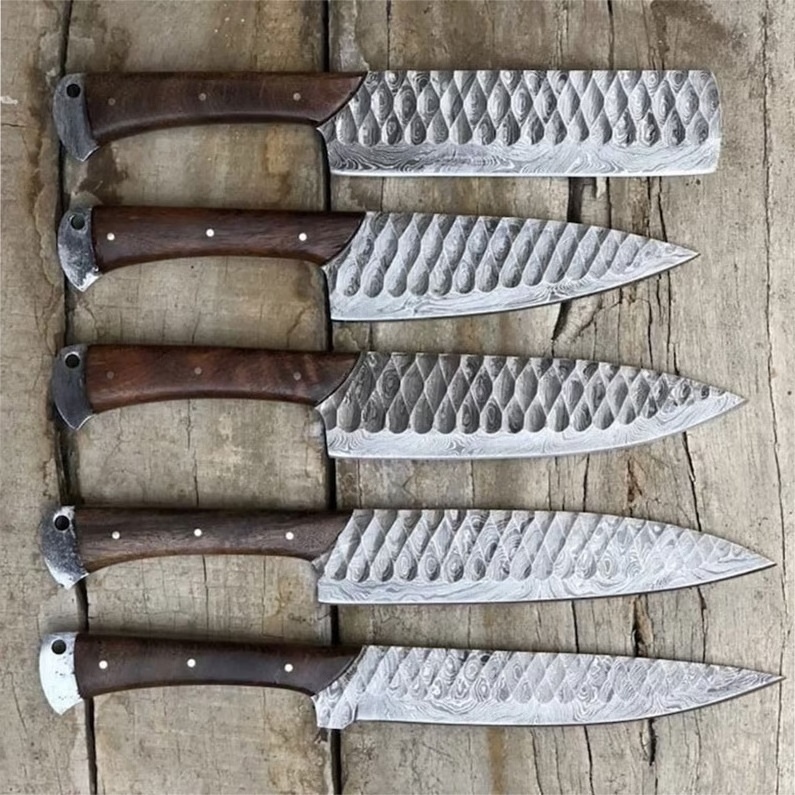 Hand Forged Damascus Steel Chef's Knife Set of 5 BBQ Knife Kitchen Knife Set with Leather Bag