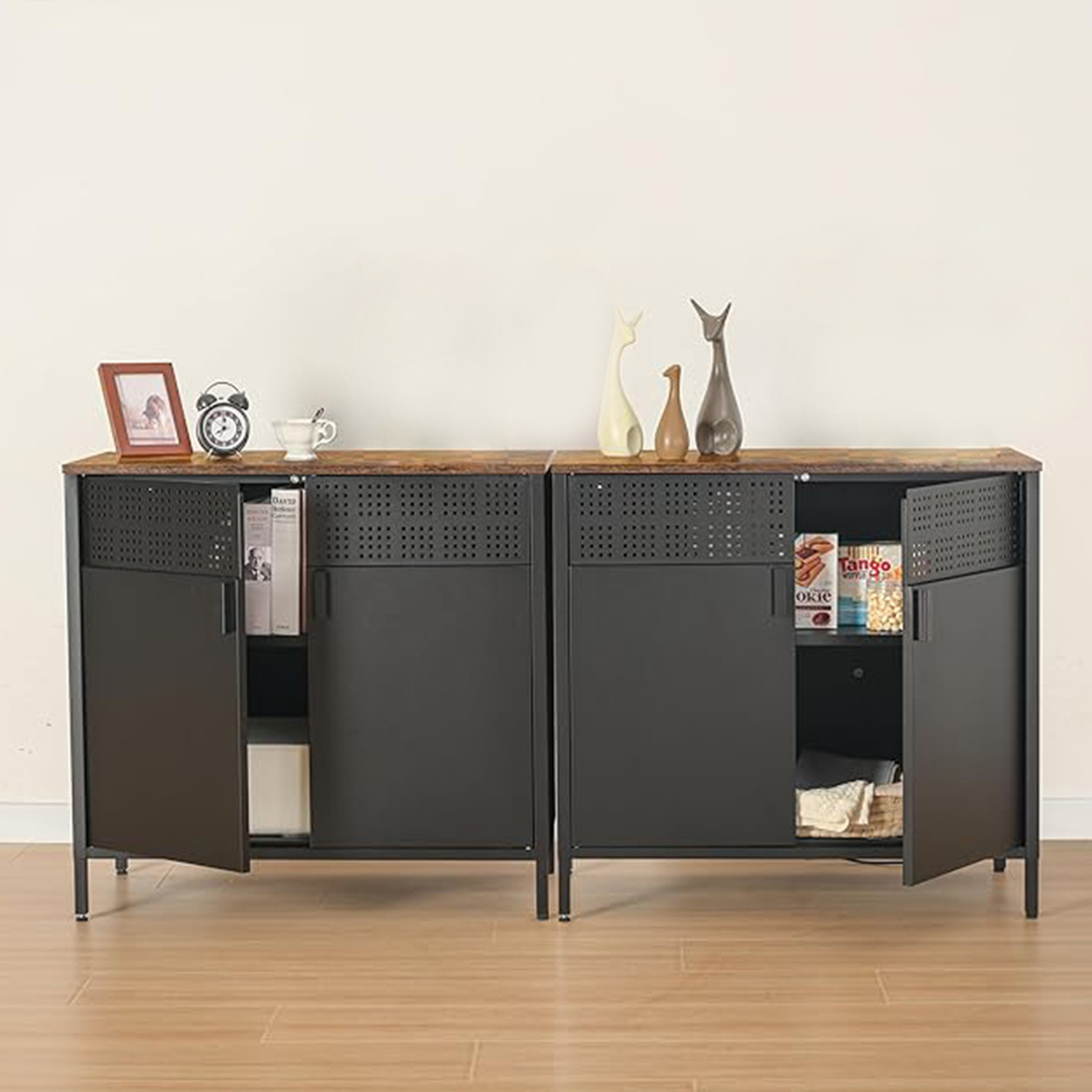 Black Metal Storage Cabinet, steel Locker with mesh Doors , Shelves, 2 Tier for home Storage Office, Kitchen and Coffee Bar