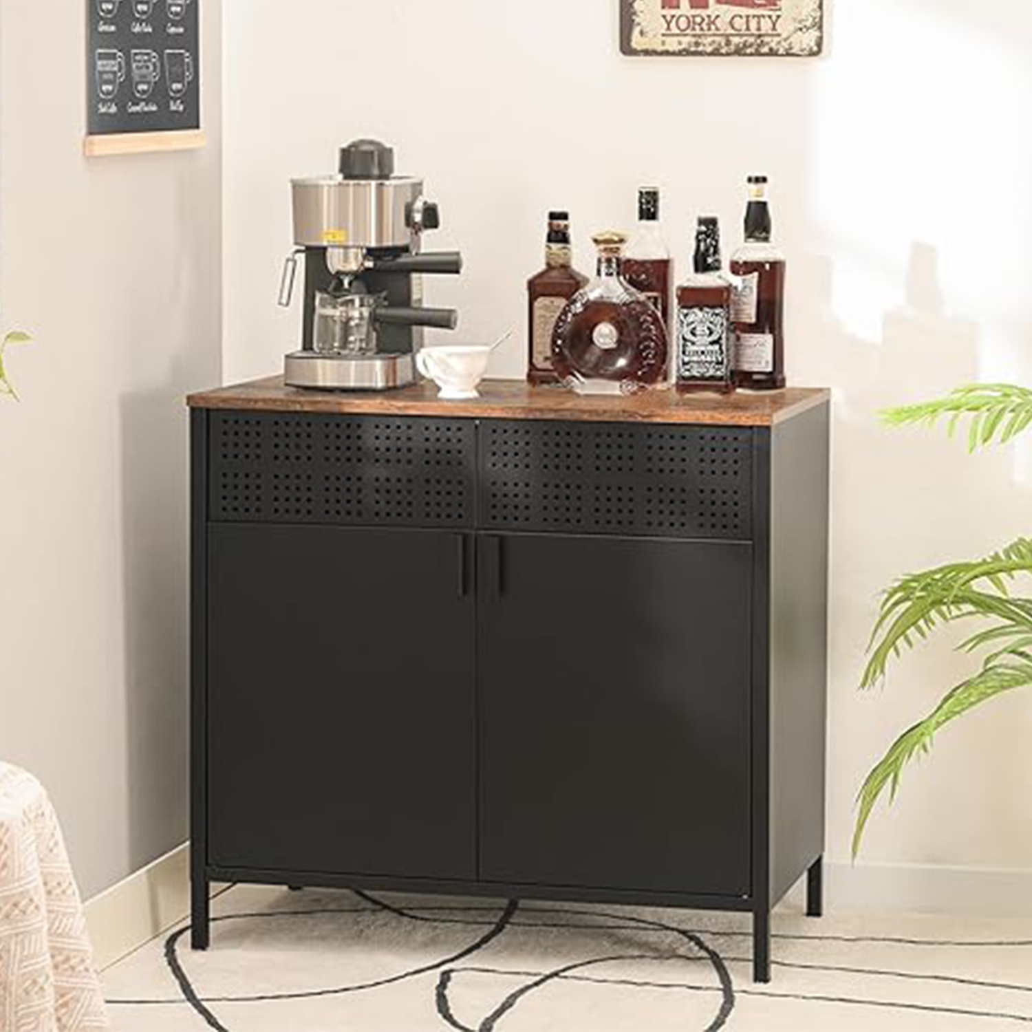 Black Metal Storage Cabinet, steel Locker with mesh Doors , Shelves, 2 Tier for home Storage Office, Kitchen and Coffee Bar