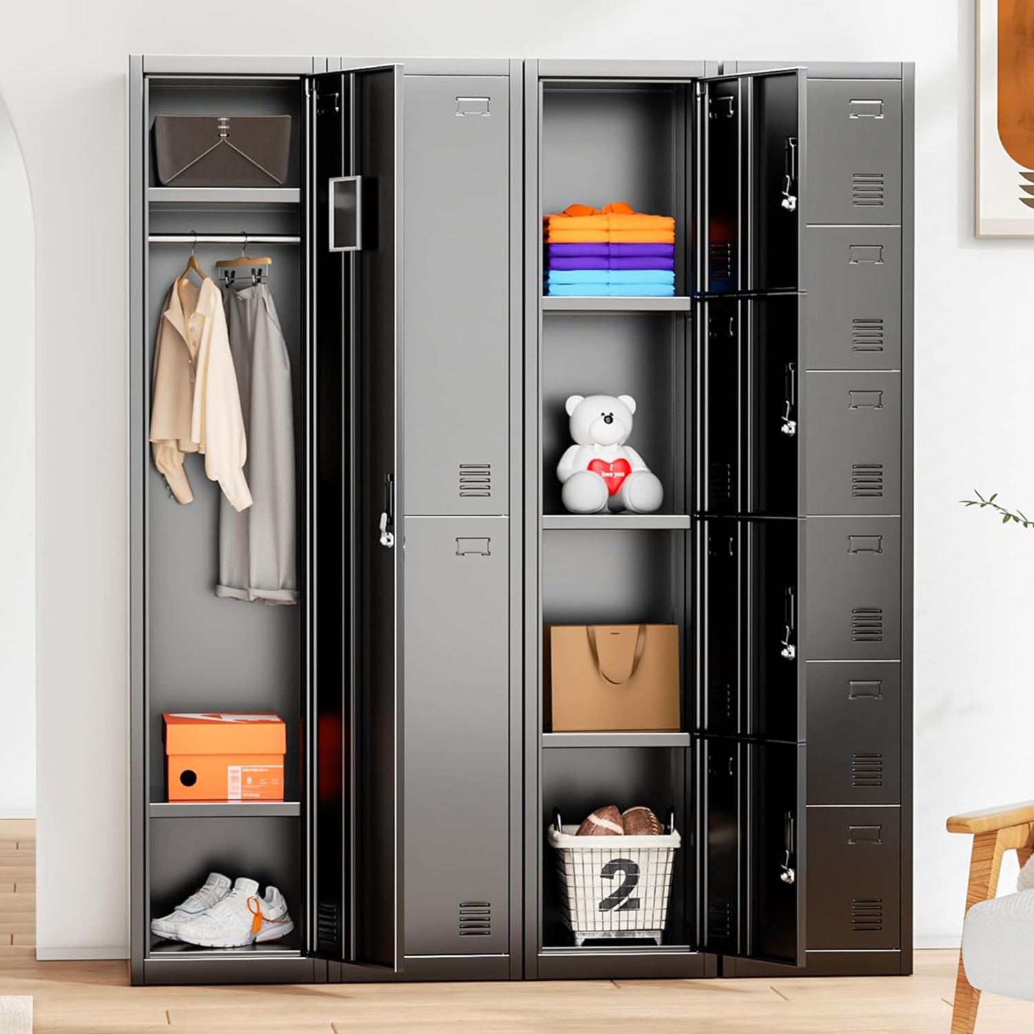 Metal Lockers Employees With Lock Employees Storage Cabinet With 4 Doors Tall Steel Storage Locker for Home Office Gym School