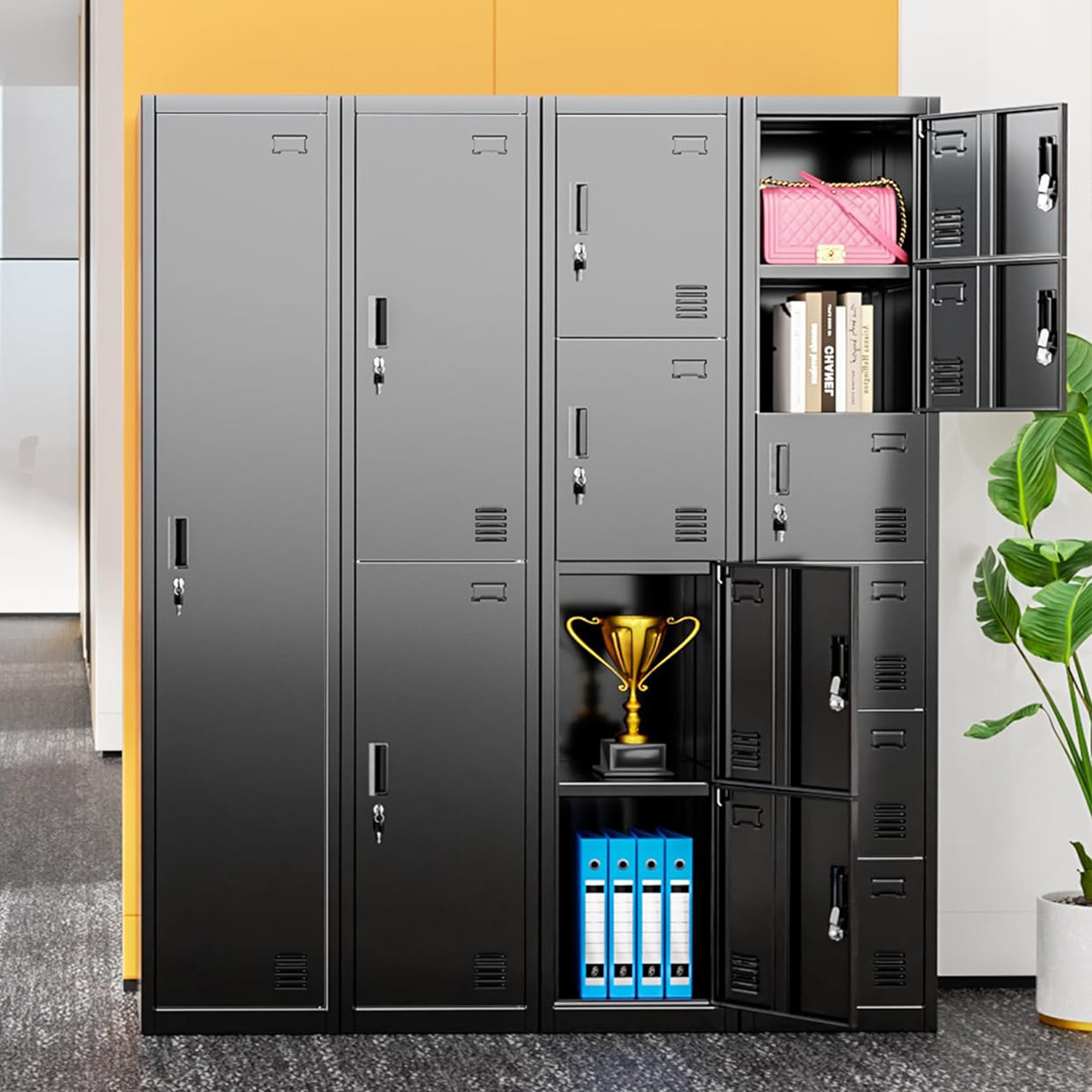 Metal Lockers Employees With Lock Employees Storage Cabinet With 4 Doors Tall Steel Storage Locker for Home Office Gym School