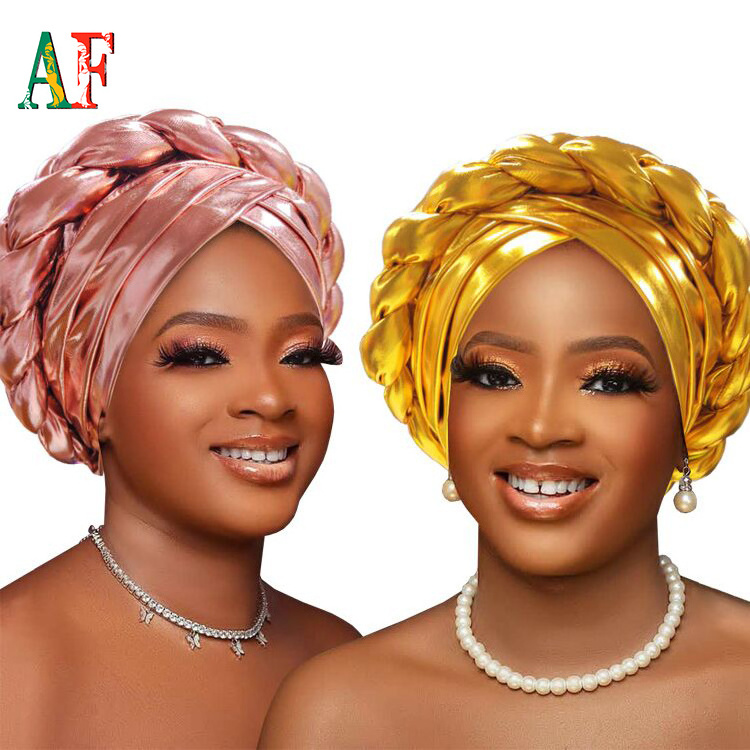 AF Hot Sale in 2021 African Women Auto Gele Headtie Solid Color Turban Headband for Party Wedding