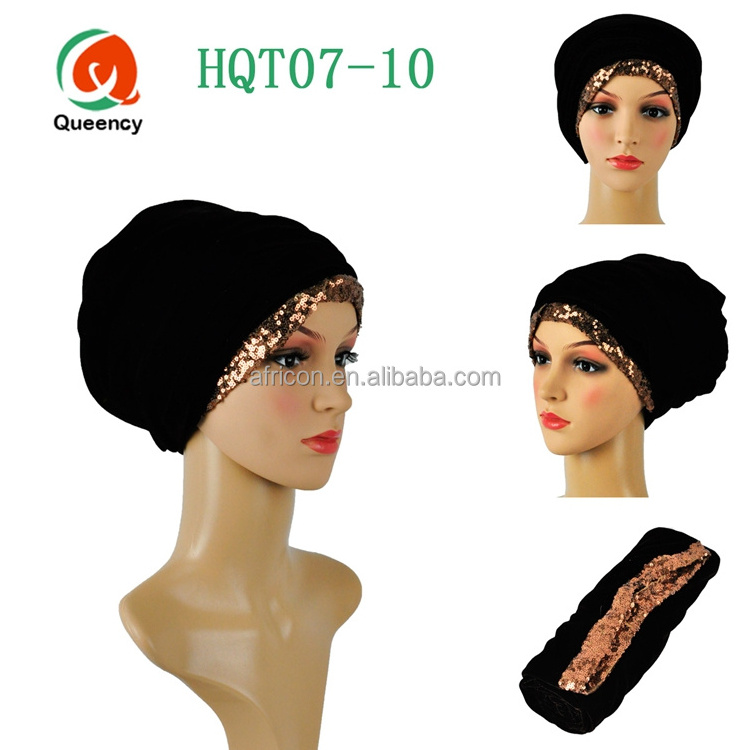 HQT07 Queency 2017 Good Quality African Fashion Ladies Nigeria Style Velvet Turban Gele Headtie Head Wraps with Sequence