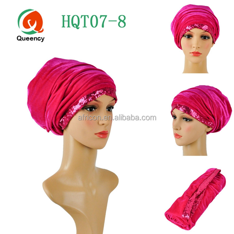 HQT07 Queency 2017 Good Quality African Fashion Ladies Nigeria Style Velvet Turban Gele Headtie Head Wraps with Sequence