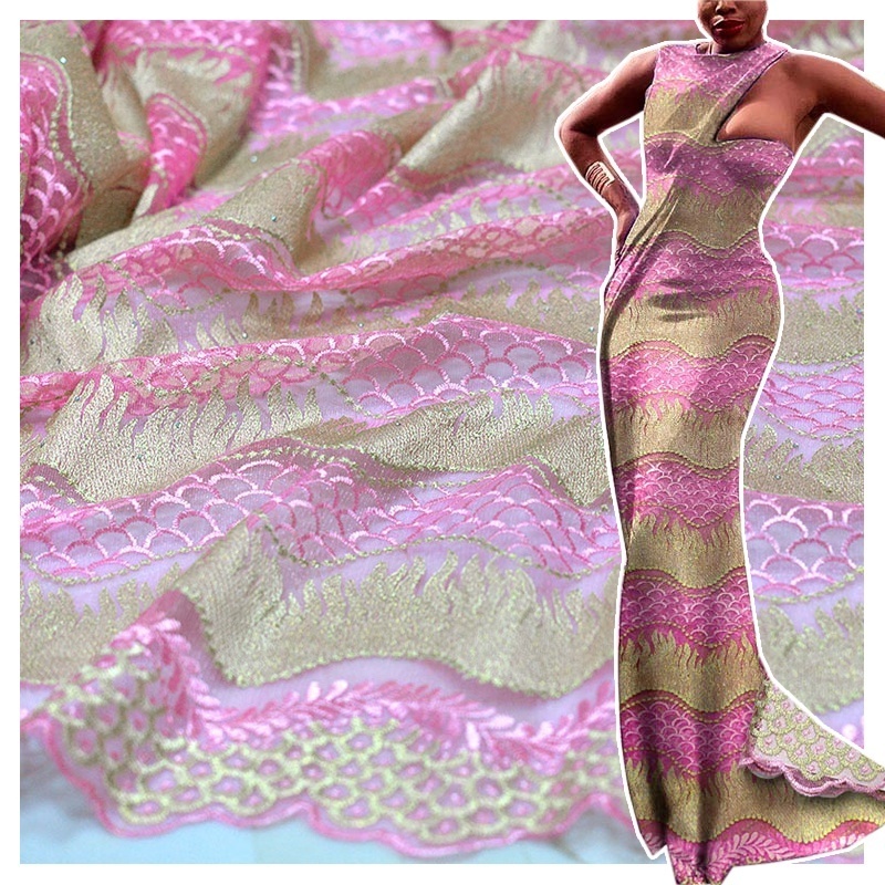 African fabric with bead and stones French Lace Fabric Embroidery Net Lace Fabrics for Bridal