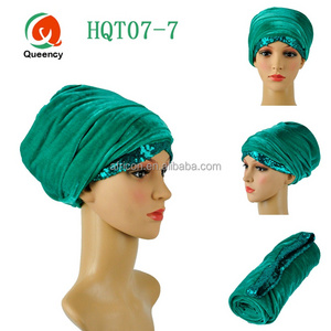 HQT07 Queency 2017 Good Quality African Fashion Ladies Nigeria Style Velvet Turban Gele Headtie Head Wraps with Sequence