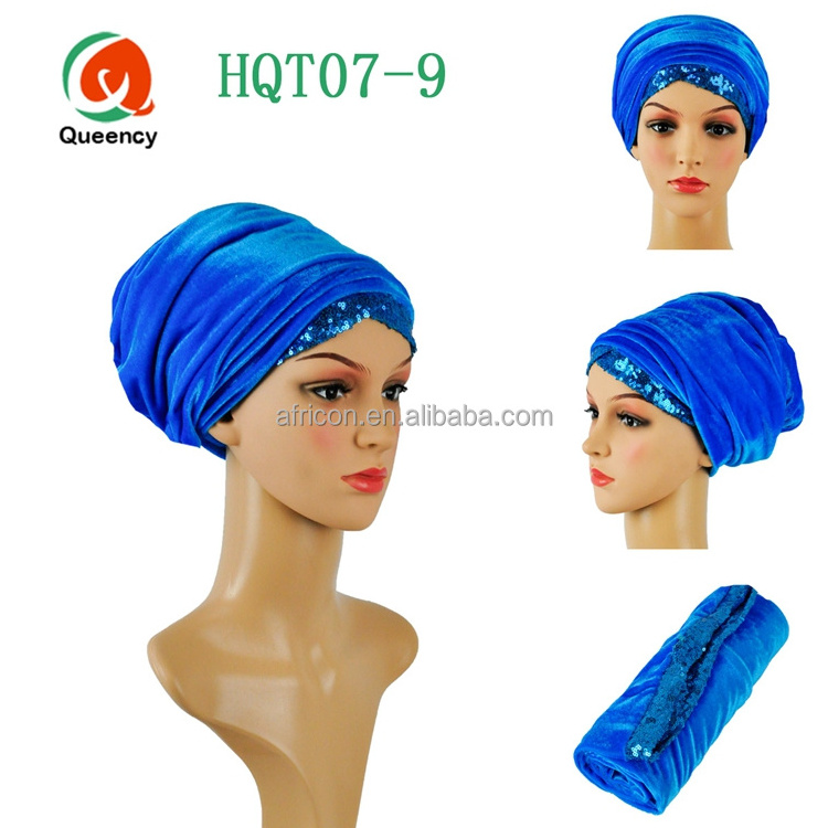 HQT07 Queency 2017 Good Quality African Fashion Ladies Nigeria Style Velvet Turban Gele Headtie Head Wraps with Sequence