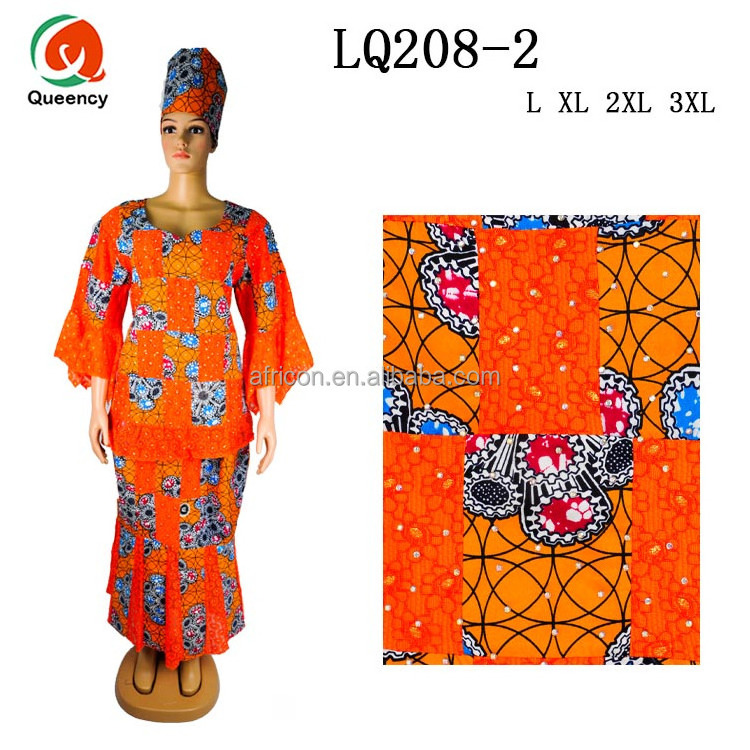 LQ208 Queency Beautiful African Fashion Design Ankara Dress for Women Wax Skirts and Blouse with Stones