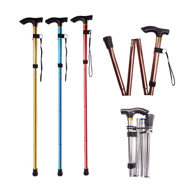 Nordic Folding Cane Aluminum Tourist Easy Collapsible Old Man With Grabber Walking Hiking Sticks