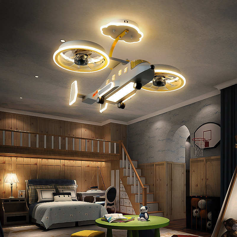 Fan Airplane chandelier lights Children's room Boy bedroom Creative combat helicopter model room lighting