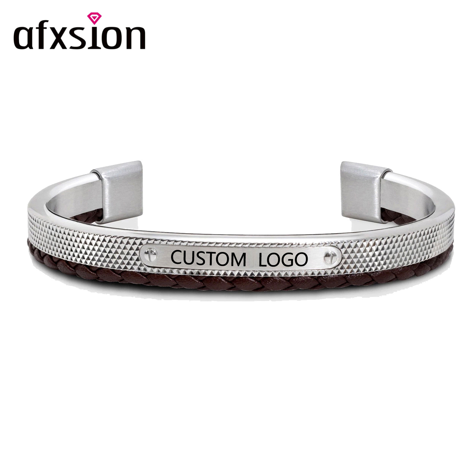 AFXSION Custom logo jewelry leather cuff bracelet  8mm stainless steel leather cuff bracelet