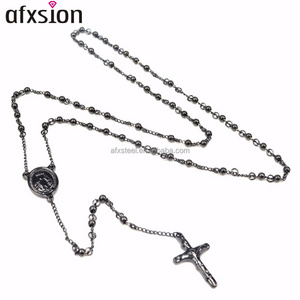 Religion Maria Stainless Steel Jewelry Necklace, Black Plated 4mm beads Stainless Steel Rosary Cross Necklace