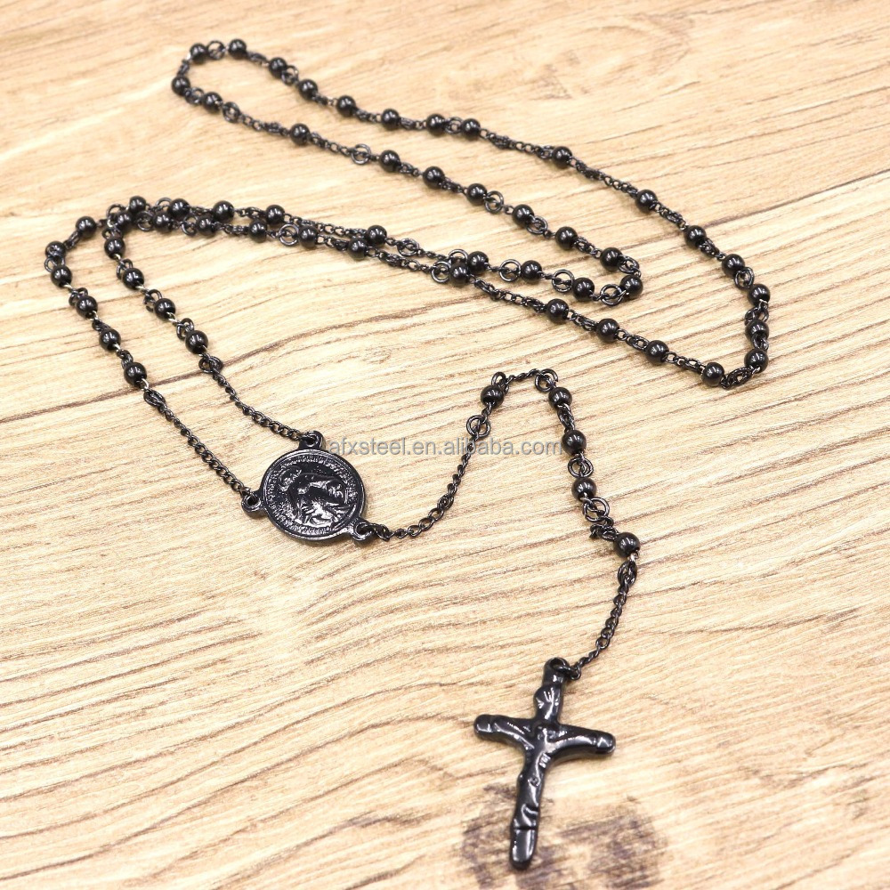 Religion Maria Stainless Steel Jewelry Necklace, Black Plated 4mm beads Stainless Steel Rosary Cross Necklace