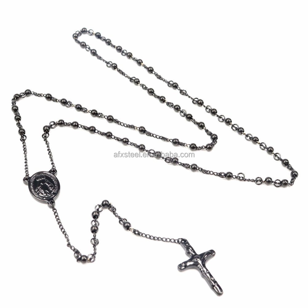 Religion Maria Stainless Steel Jewelry Necklace, Black Plated 4mm beads Stainless Steel Rosary Cross Necklace