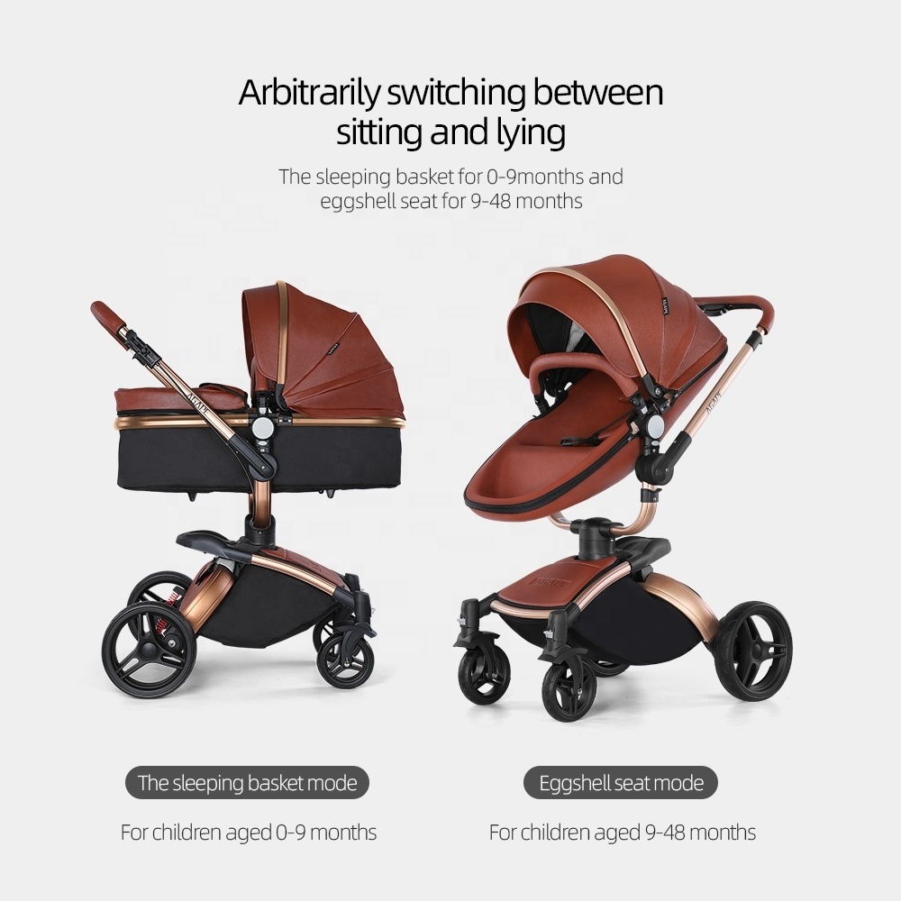 Baby Stroller Kinderwagen Hot-selling Products 360 Degree Free Rotation 3 in 1 New Baby Leather Material Baby Stroller Big Wheel