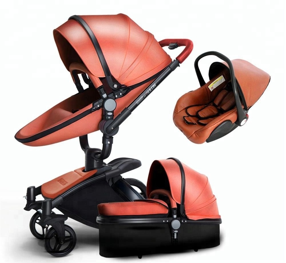 Baby Stroller Kinderwagen Hot-selling Products 360 Degree Free Rotation 3 in 1 New Baby Leather Material Baby Stroller Big Wheel