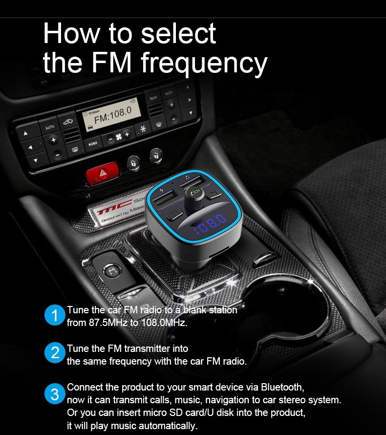 AGETUNR T25 Bluetooth5.0 Stereo Music Tuner Modulator Car Kit FM Transmitter MP3 Player with Smart 2.4A Dual USB Connector