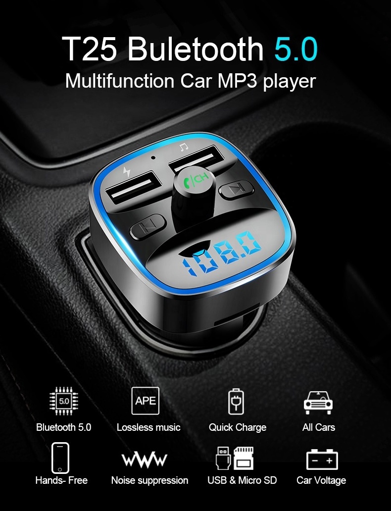 AGETUNR T25 car modulator bluetooth fm transmitter BT 5.0 dual USB charge built-in mic mp3 player LED digital display auto kit