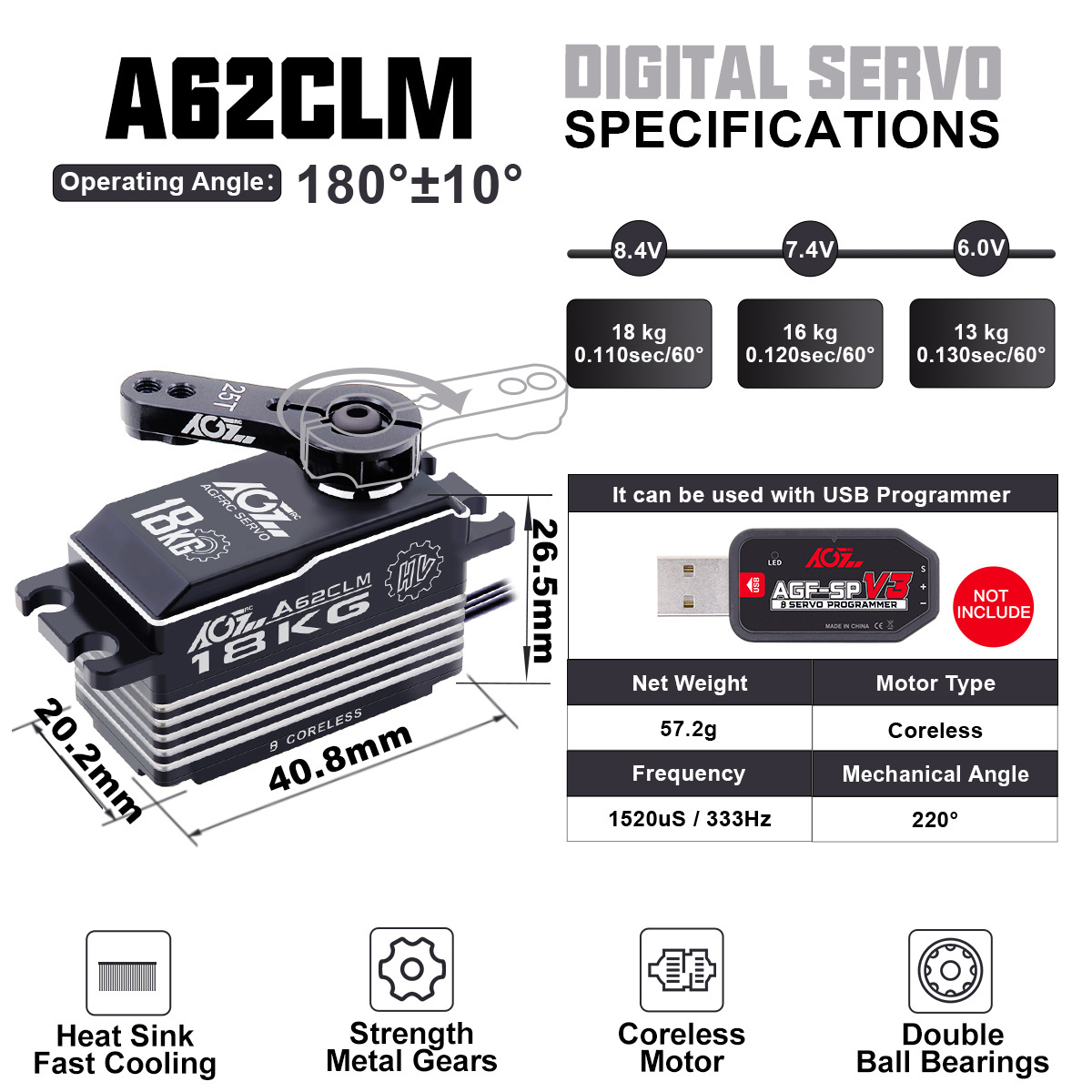 AGFRC A62BHM Coreless 18KG MG High Torque  Low Profile Aluminum Servo for 1/12 Touring Drift Car Plane