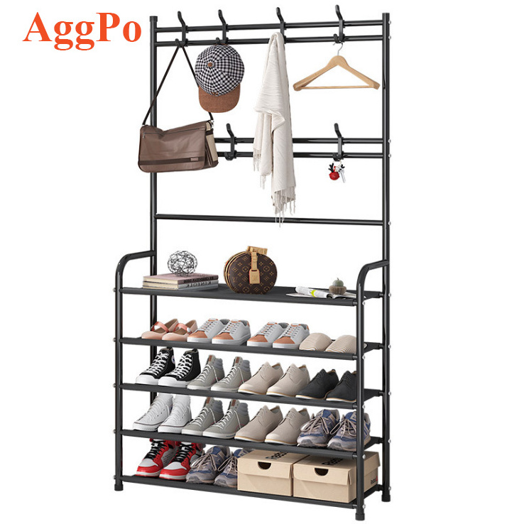 Coat Rack Hall Tree Entryway Wire Frame Shoe Storage Organizer, Easy Assembly Standing Shelf Units Storage Tower Rack