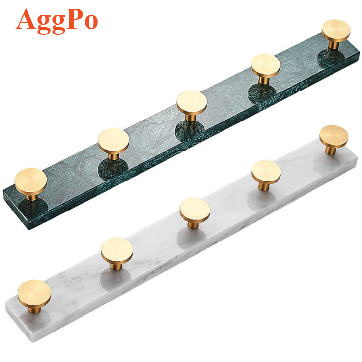 Coat Rack Rail Wall Mount with 5 Hooks, Luxurious Marble Base with Brushed Brass Hooks for Home Entryway and Bthroom