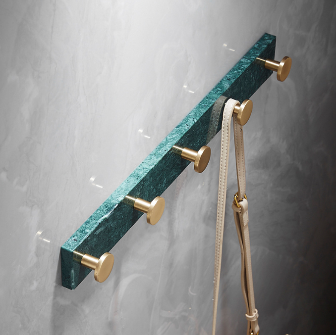 Coat Rack Rail Wall Mount with 5 Hooks, Luxurious Marble Base with Brushed Brass Hooks for Home Entryway and Bthroom