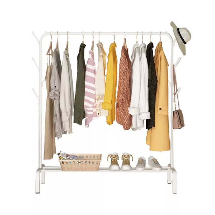 Bedroom Multifunctional Self-supporting Coat Rack Double Rods, Metal Floor-Standing Coat Rack, Balcony Clothing Hanger With Hook